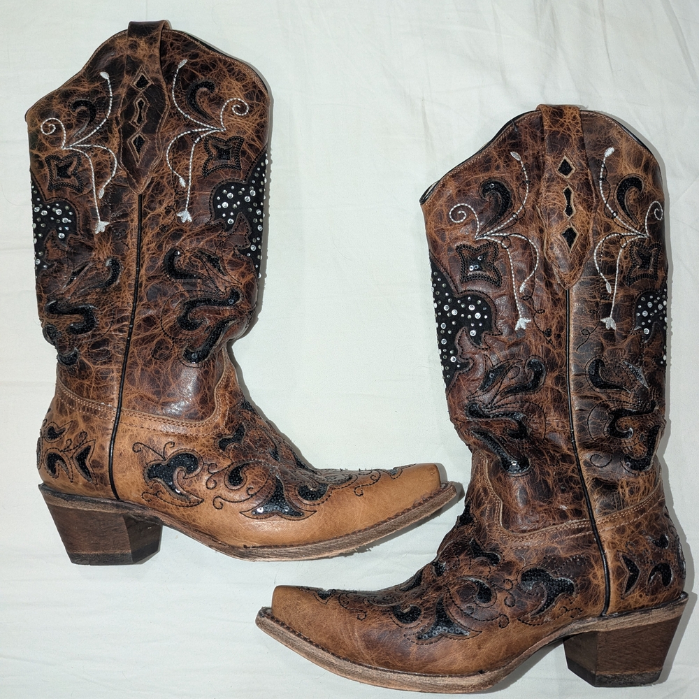 Corral Women's Sequin Inlay Fleur de Lis Cowgirl Snip Toe Boots